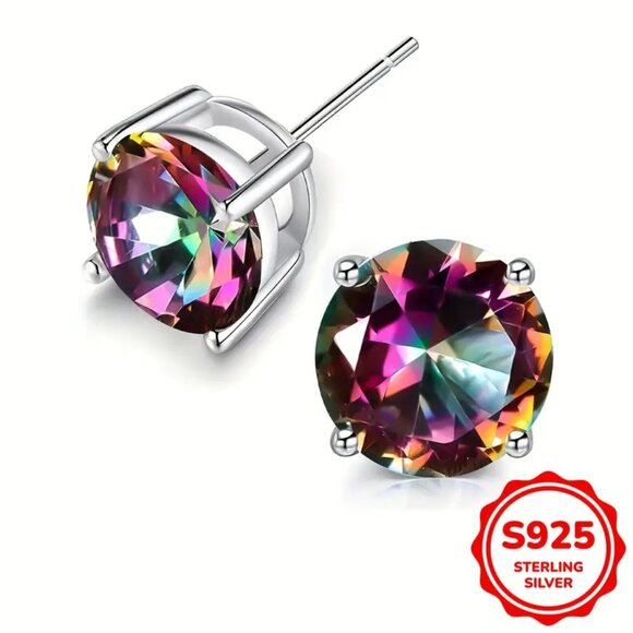 NEW giftable 925 sterling silver mystic topaz 7mm stud earrings - Picture 4 of 4